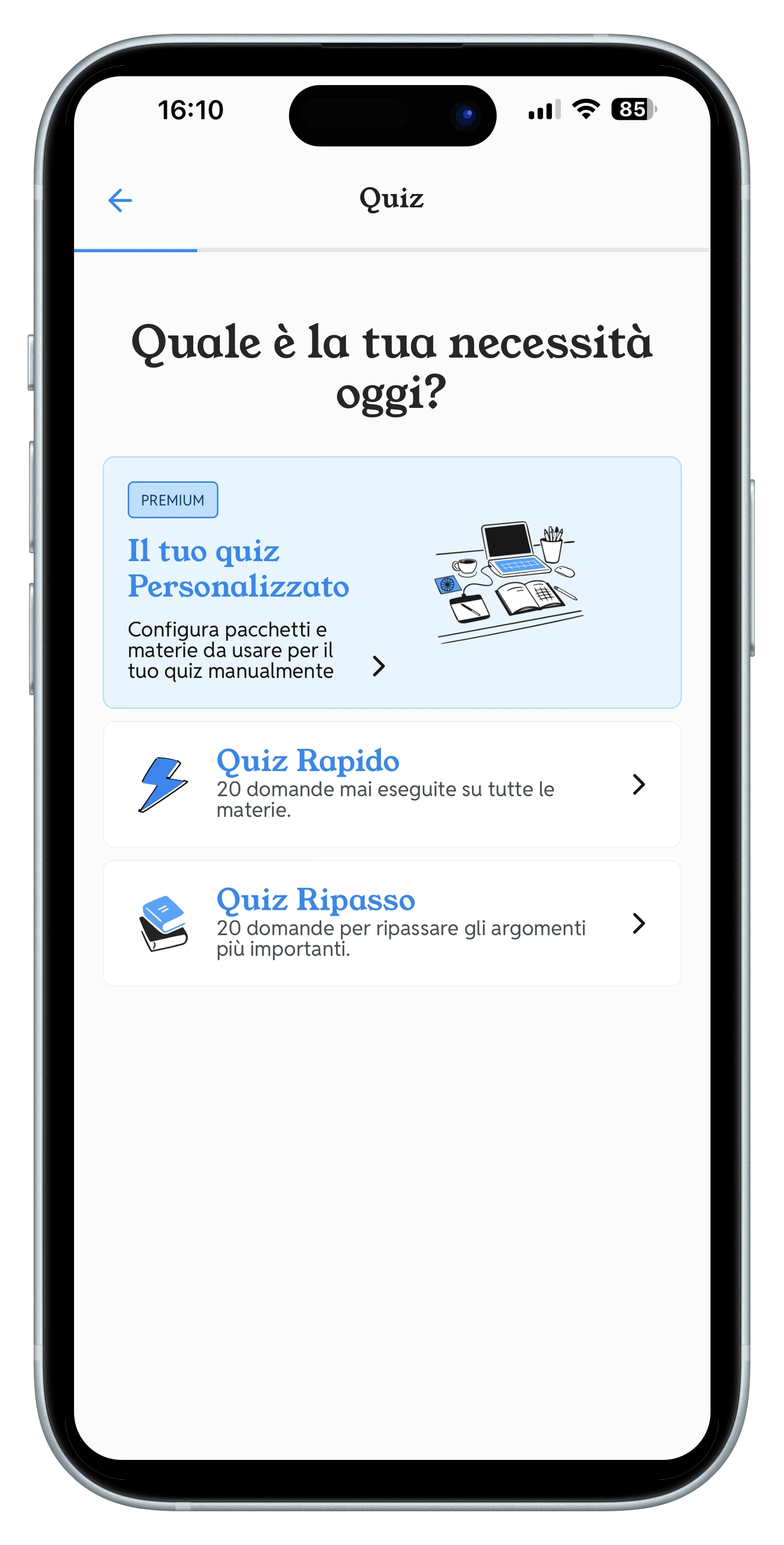 Schermata di scelta del tipo di quiz SpecialQuiz
